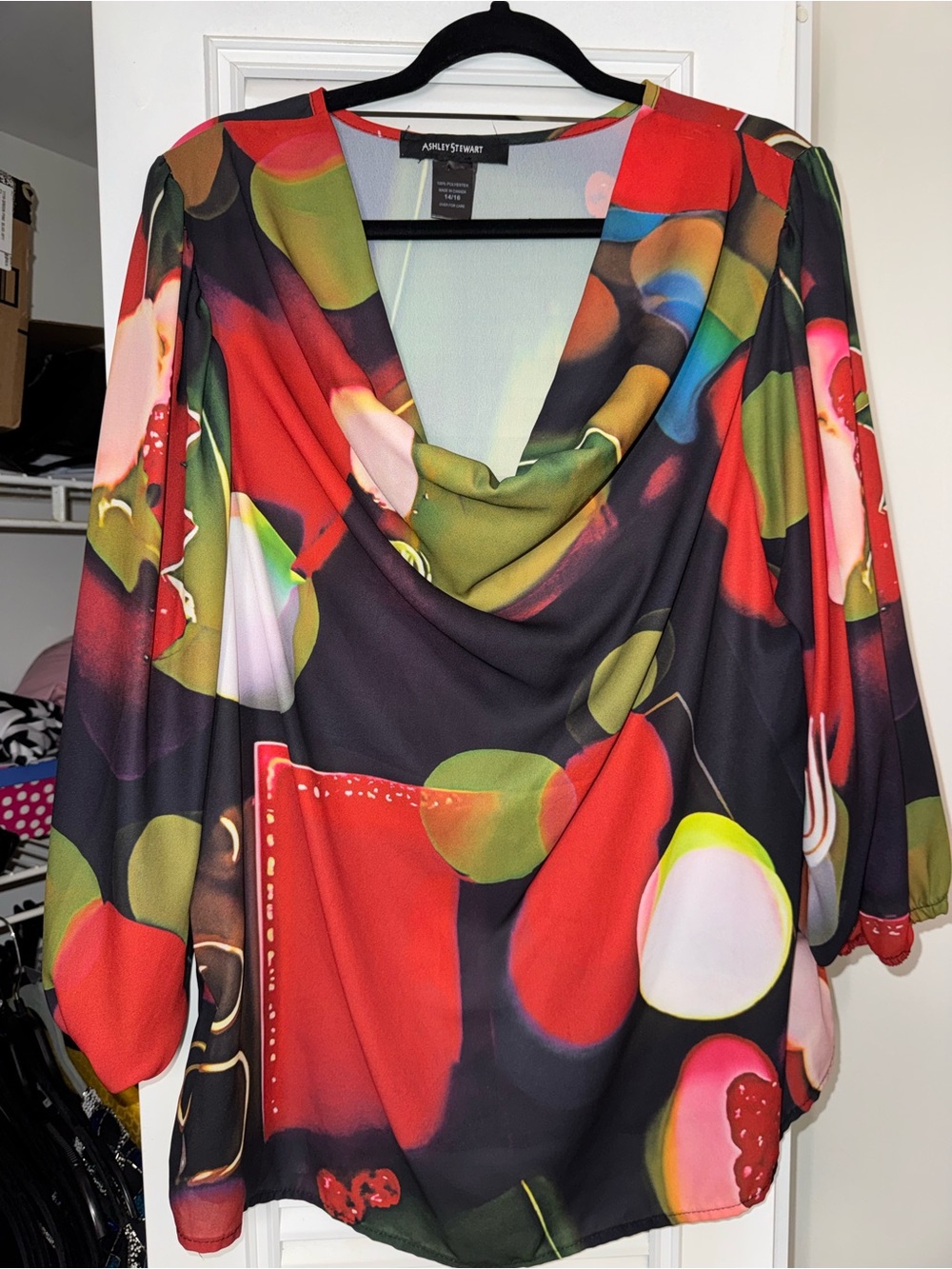 Ashley Stewart Multicolor Floral Cowl Neck Blouse - Red, Green, Black, Pink